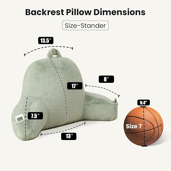 Soft Reading Pillow for Bed with Arms,Middle,Green,Faux Fur | 17" Backrest with Arms for Gaming & Lounging,Oeko-TEX Certified Plush Back Pillow for Teens Room