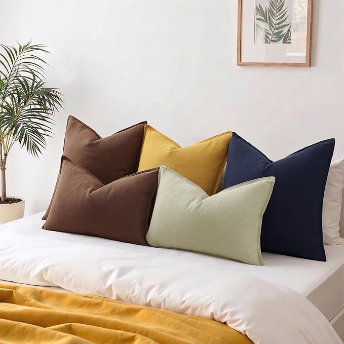 decorUhome Summer Decorative Linen Throw Pillow Covers 12x20 Inch Set of 2 Chocolate Lumbar Pillow Covers with Flange Edges Soft Farmhouse Boho Accent Pillow Cases for Couch Bed Living Room
