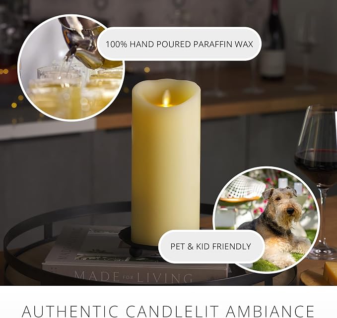 Luminara Scalloped Edge Flameless LED Candle - Ivory 4" x 9" - Real Wax Pillar Battery Operated Moving Flame w/Timer Unscented 1000Hr Runtime