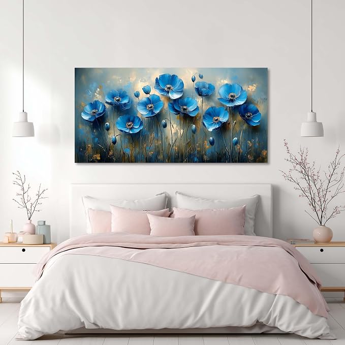 Ggaafet Navy Blue Flowers Wall Art for Living Room Canvas Oil Painting Prints Beautiful Floral Blooming Art Deco Pretty Artwork Office Bedroom Family Dining Room Decor Large