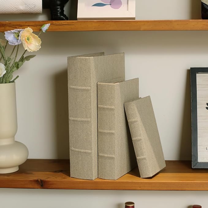 DECOR4SEASON Decorative Book Boxes Set of 3 – Modern Faux Linen & Wood Hidden Storage for Coffee Table – Stackable Fake Books for Shelf Decor, Remote Control & Jewelry Organizer (Warm Taupe)