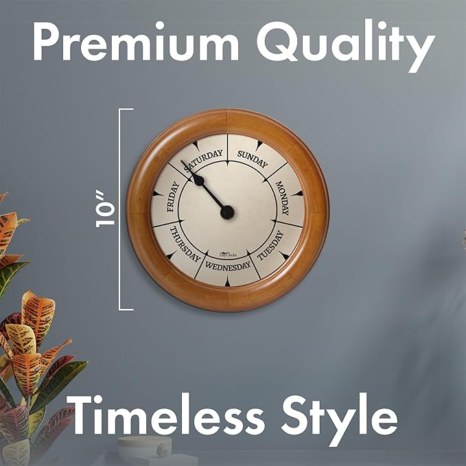 Classic Day of The Week Wall Clock - 10" Solid Pine Wood Frame, Ideal Retirement Gift for Men and Women, Day Clock for Seniors and Retirees