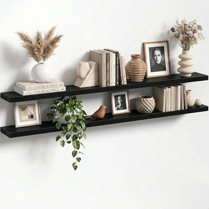 72" Floating Shelves for Wall, Set of 2, 8" Deep, 1.5" Thick, Black | Rustic Wood Wall Shelves with Invisible Brackets, Storage and Display for Bathroom, Bedroom, Living Room or Kitchen