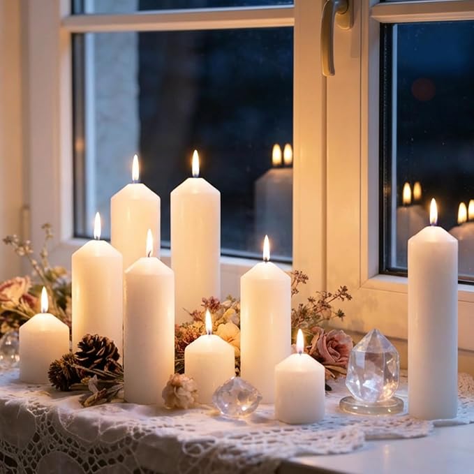 Pillar Candles Bulk Set - Unscented, Smokeless, Dripless | 3 Sizes: 2x3, 2x6, 2x8 Inches | Ideal for Weddings, Christmas & Home Decor (72, White)