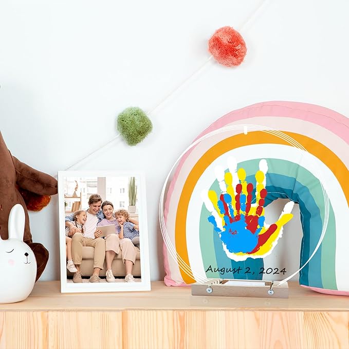 Bixinyo Family Handprint Kit with Light, Baby Hand and Footprint Kit, DIY Craft Keepsake, Family Gifts for Mom, New Parents, Mother's Day, Adoption, Baby Shower Gifts for Boys & Girls (Round, Nature)