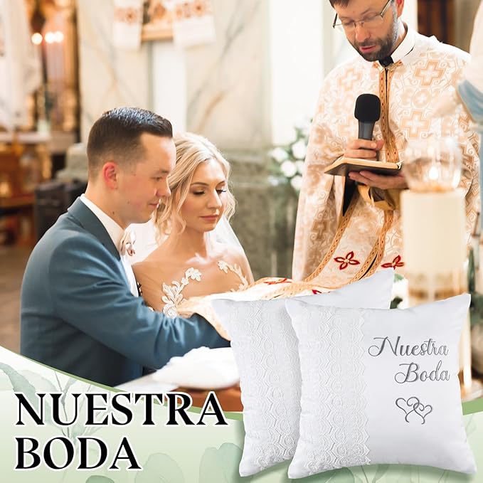 Mixweer 2pcs Wedding Embroidered Kneeling Pillows Nuestra Boda 18 x 18 Inch Embroidered Prayer Pillow Satin and Lace Kneeling White/Silver, Cojines para Boda, Decoracion (Left, Lace)