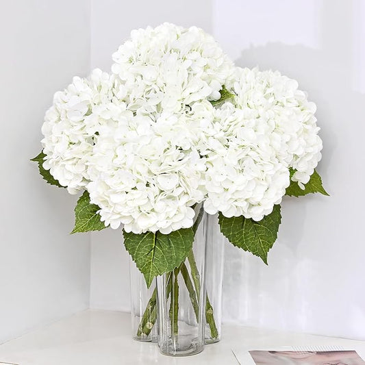MARTINE MALL 5Pcs 21in Hydrangea Artificial Flowers, Latex Real Touch Hydrangeas Lifelike Large Hydrangea Flowers for Home Decor Party Arrangements Wedding Bouquets Centerpieces (White)