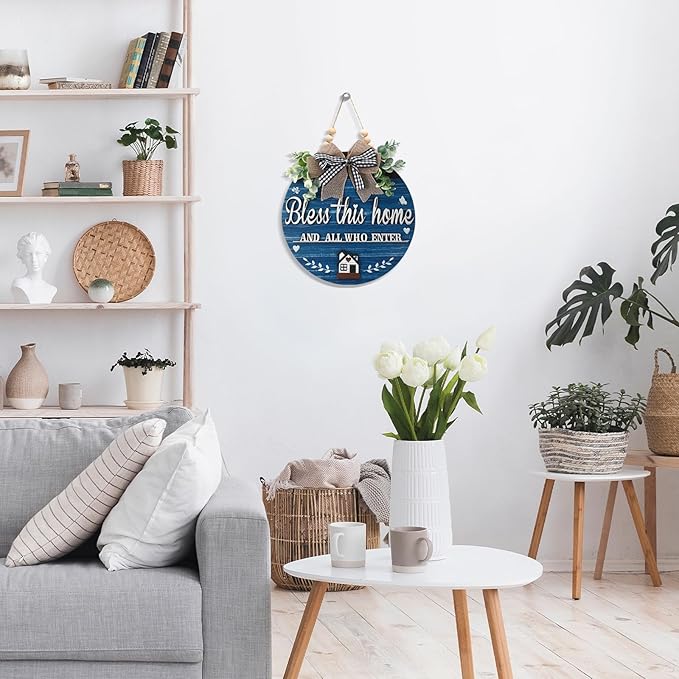 3D Bless This Home and All Who Enter Wooden Front Door Signs，Door Decorations Hanging,Christian Jesus Home Porch Wall Decor，Spring Wreaths，Door Wreaths for Front Door Outside All Season（Blue）