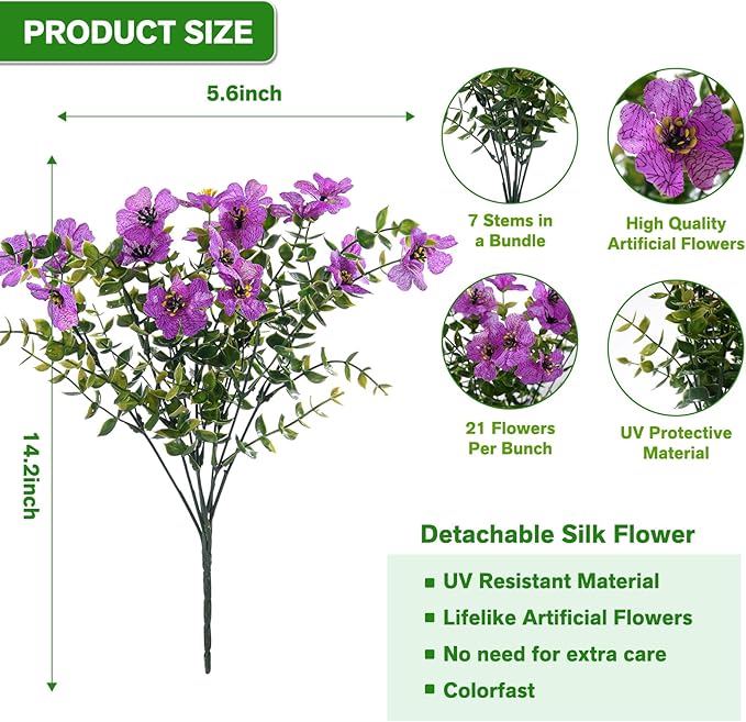 Artificial Flowers Fake Plants for Outdoors Spring Decoration, 13Bundles Silk Realistic UV Resistant Faux Flowers for Outside Planter Porch Yard Patio Garden Home Indoor, Purple