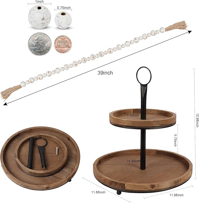 GENMOUS & CO. Farmhouse Tiered Tray Decor with Distressed Wood Bead Garland, Decorative 2 Tiered Serving Tray with Metal Handle for Rustic Home Décor