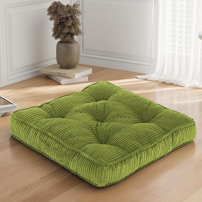 Meditation Floor Cushion, 22x22 Tufted Floor Pillow for Adults, Square Large Meditation Cushion Pillow, Corduroy Sitting with Handle, Yoga Seating for Tatami, Light Green,1Pack