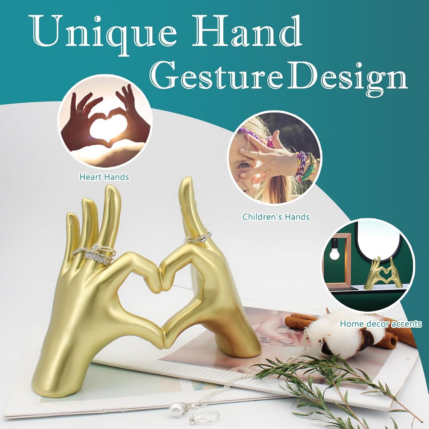 Accessoryway Gold Heart Hands Decor Sculpture,Small Love Heart Gesture Decorative Sign Sculpture for Wedding Dresser Shelves Desktop Knick Knacks Home Decor & Ring-Holder Display Stand