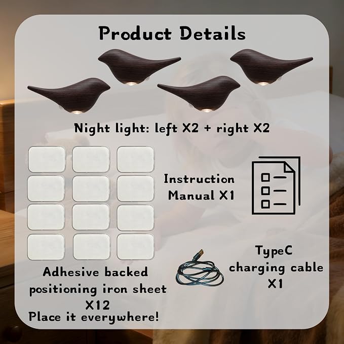 Cute Bird Night Light: Motion Sensor Lights Indoor - Magnetic Mounting & 3 Color Dimmable - One Charge Three Weeks of Worry-Free Use - 4-Pack Set (Deep Wood Grain)