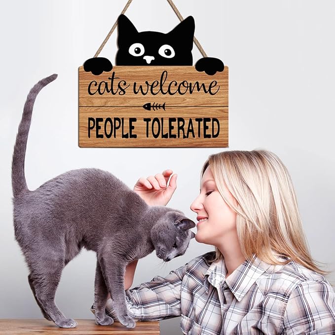 LHIUEM Funny Cat Welcome Sign,Cats Welcome People Tolerated Kitty Kitten Wooden Plaque,10X11 inches Black Cat Wall Decor, Funny wood Sign For Pet Shop Home,Cat Lover Gifts