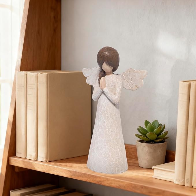 Hodao Christmas Angel Figurine, Praying Resin Figurines for Indoor Christmas Decorations, Wood‑Carved Style Tabletop Ornaments, 8.5in Tall, Holiday Home Decor & Gift for Women, Family, Friends