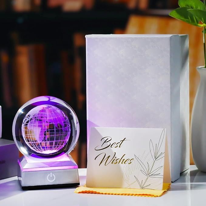 3.15'' 3D Earth Crystal Ball with Silver LED Colorful Light Base, Science Universe Astronomy Gifts for Astronomy Lovers, Kids, Engraved Earth Model Decor Figurine Collection for Home Decor