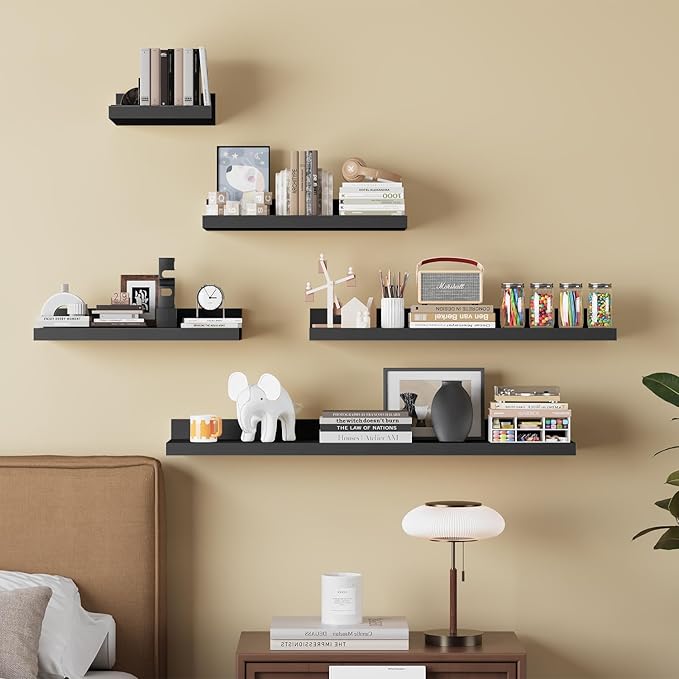 Floating Shelves for Wall Set of 5,Black Floating Shelves bathroom,30 Inch Natural Wood Book Shelf for Wall Mounted,Home Decor Display Shelving,Storage Shelves for Living Room,Bedroom,Kitchen