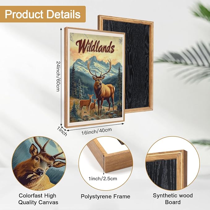HOURIA 3Pcs Large Retro Hunting Framed Canvas Wall Art Set(16"x24"),Wildlife Deer Elk Mallard Duck Hunting Nursery Decor Rustic Wild Animals Camping Posters For Hunter Room Cabin Decor Living Room Bedroom
