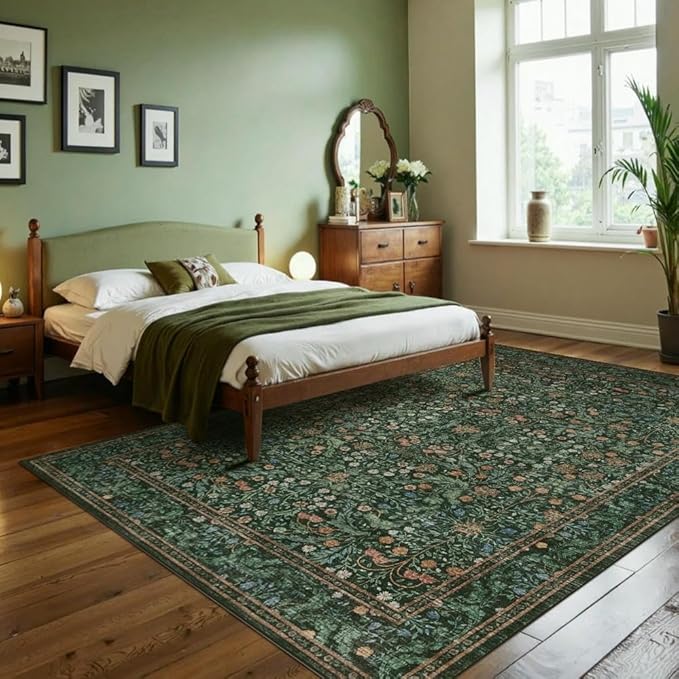 Rugxara 6x9 Area Rugs for Living Room Bedroom, Large Washable Rug, Green Vintage Floral Boho Rug, Non Slip & Low Pile Faux Wool Thin Carpet for Indoor Dining Room and Kids Room(Green 6x9ft)