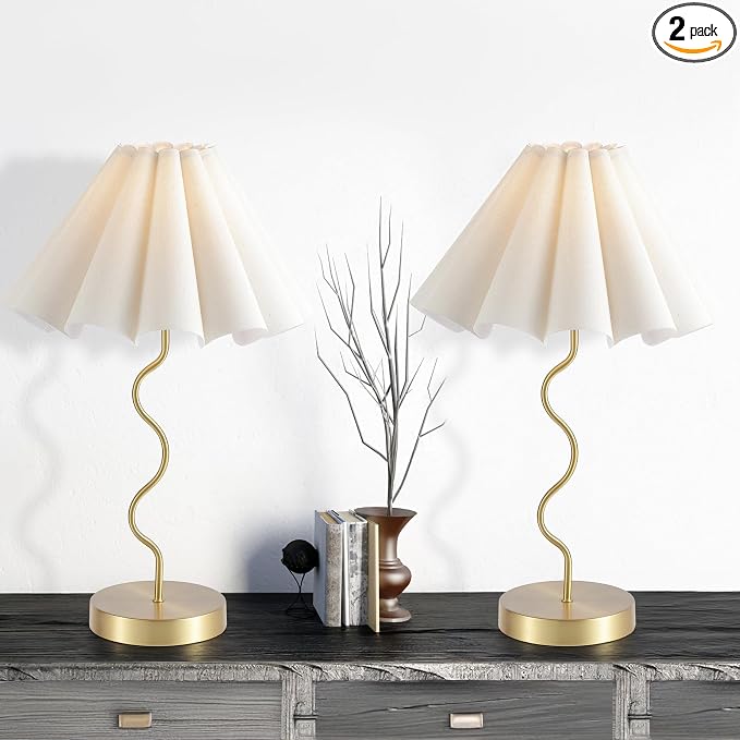 EOEYYOYB Pleated Table Lamp, Set of 2 Table Lamps for Bedroom, Bedside Lamps for Nightstand with Linen Lampshade, Modern Lamp for Bedroom Home Office Decor, Gold