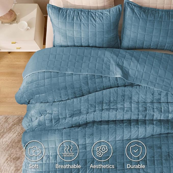 BEDELITE Velvet Quilt Set Queen Size - Luxury Soft Velvet Comforter Bedding Set for All Season, Lightweight Quilted Box Stitch Oversized Bedspread Coverlet with 2 Matching Shams, Blue