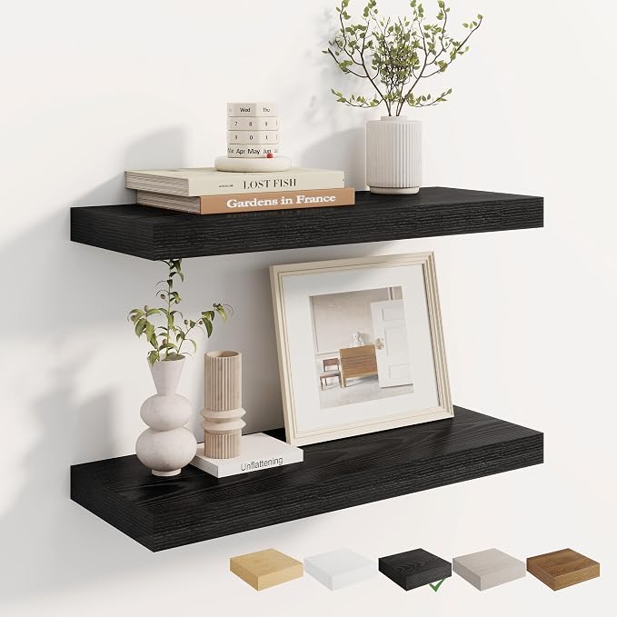 Dreamland 24 Inches Floating Shelves for Wall, 8" Deep Long Floating Shelves Set of 2, Large Display & Storage Shelf, Wall Shelf for Bathroom Bedroom Living Room Kitchen Office, Black