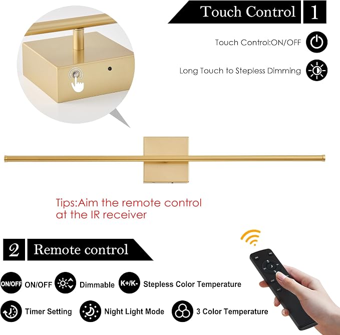 KARTOOSH Removable Battery Operated Wall Sconces with Remote Control, Stepless Colors 3000K-6000K & Dimming, 350°Rotate, LED Gold Wireless Wall Light for Living Room, Bedroom, 40.1 Inch (2 Pack)