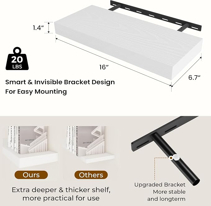 Dreamland 16" White Floating Shelves 6.7" Deep Wall Mounted Set of 2 | Wall shelves for bathroom, bedroom, Living Room, kitchen, deep wall mount wood storage display for home decor 16" x 6.7"