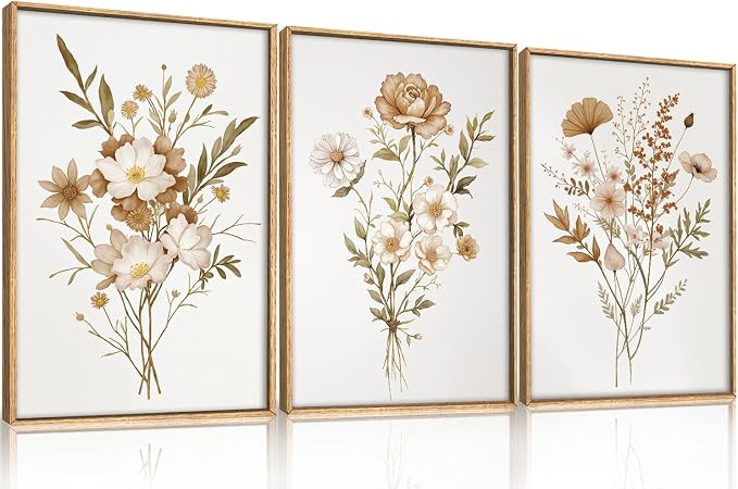 KAIRNE Neutral Boho Floral Framed Canvas Wall Art Set, Vintage Botanical FlowerWall Decor, Minimalist Wildflower Art Prints, Modern Beige Artwork for Living Room, Bedroom, Farmhouse, Office-24 x36 x3