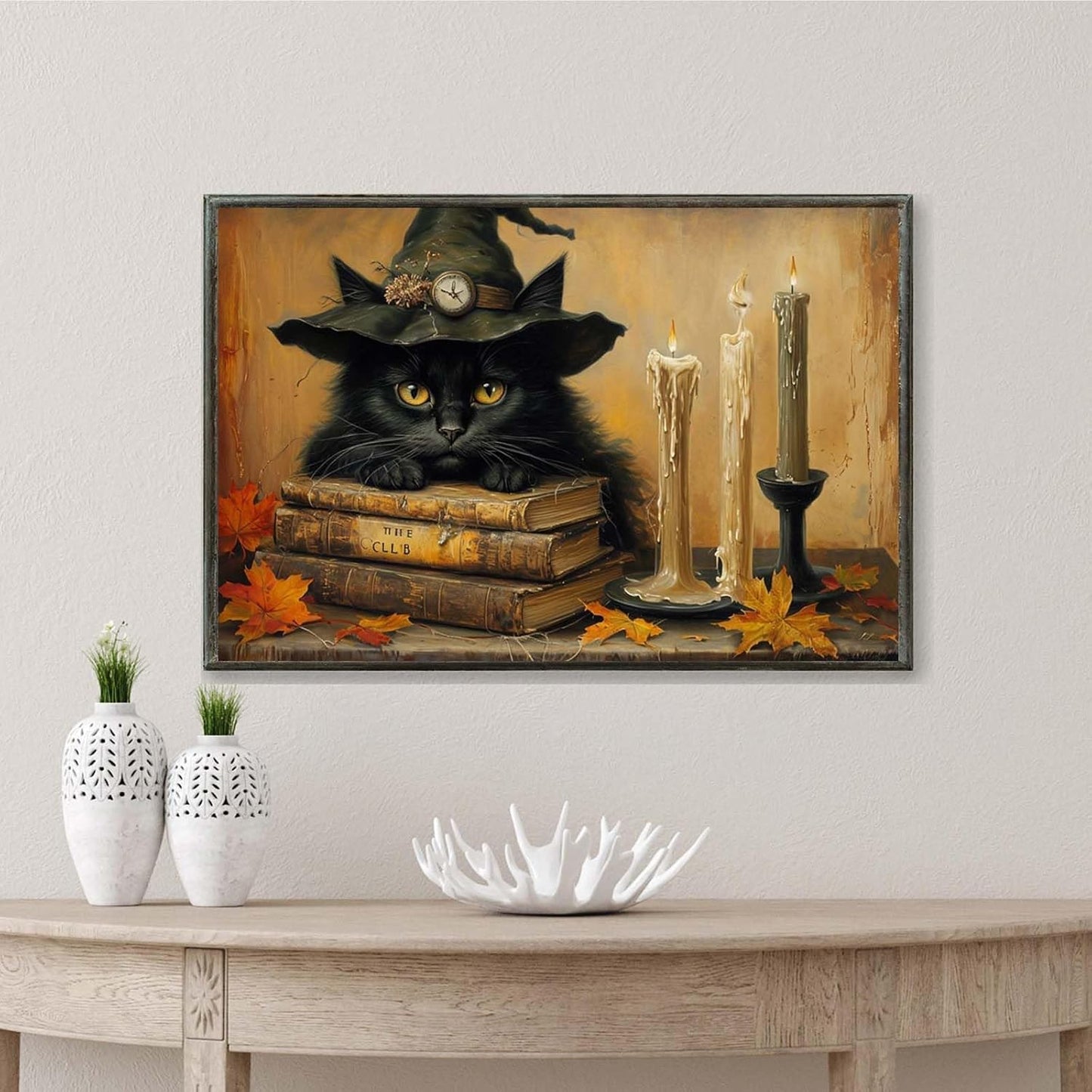 JFHCQJPK Vintage Halloween wall decoration black cat and magic book suitable for home bedroom living room decoration dark classic art witch wall decoration20x30in Metal blackFramed
