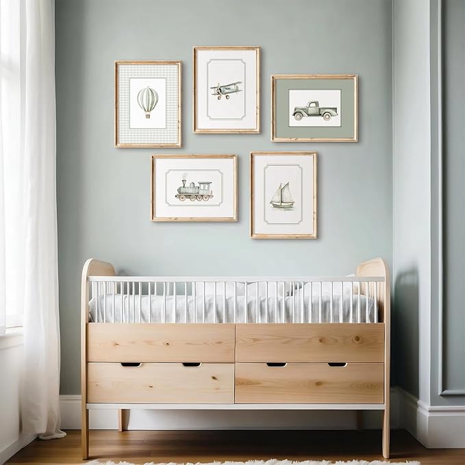 Sage Green Nursery Wall Art Boys Room Canvas Poster Kids Wall Decor Vintage Vehicle Prints Baby Toddler Pictures Transportation Plane Painting Train Truck Artwork for Bedroom 12x16 Inch Unframed