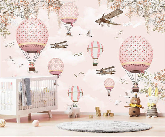 WFBHUA-Hot Air Balloon Wallpaper Mural Cute Animals Airplanes Pink Wallpaper for Nursery Wall Decoration Girls Bedroom Baby Room Kids Room (Not Peel and Stick)