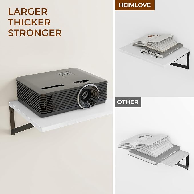 Heimlove Deep Floating Shelves for Wall, Wood Wall, Wide Floating Bookshelf for Living Room, Kitchen, Office, Bedroom and Decor Storage,White with Metal Bracket,16wx12dx5.8h,3Shelves