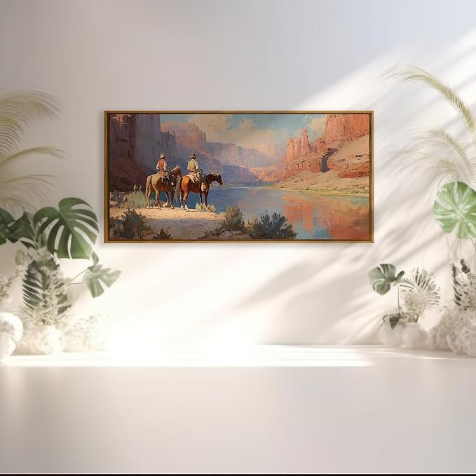 QTUSYUR Western Cowboy Wall Art - Large Farmed Desert Landscape Art Print -Rodeo Horseback Riding Canvas Artwork for Farmhouse Boys Bedroom Living Room- Mid-Century Modern Wall Picture for Home Decor 20×40 IN