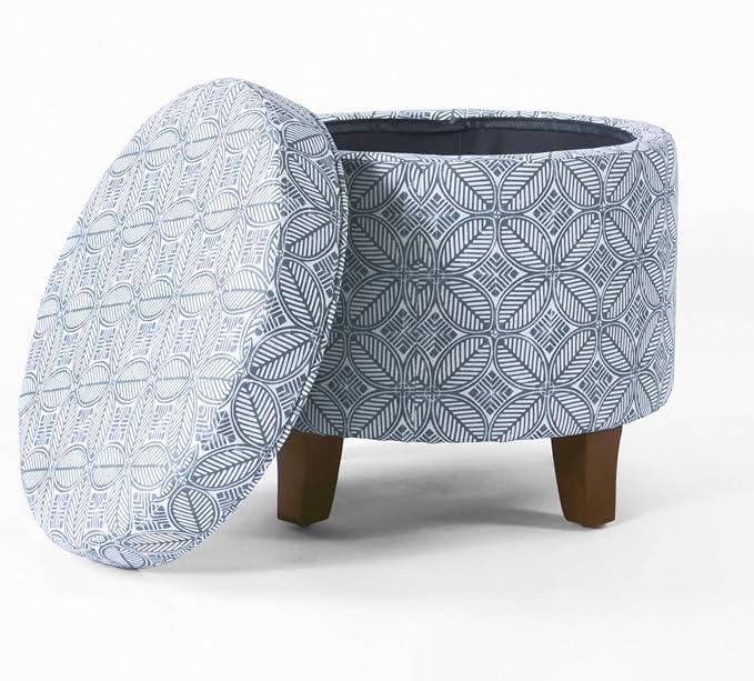 HomePop 19" Round Storage Ottoman - Blue Indigo Print