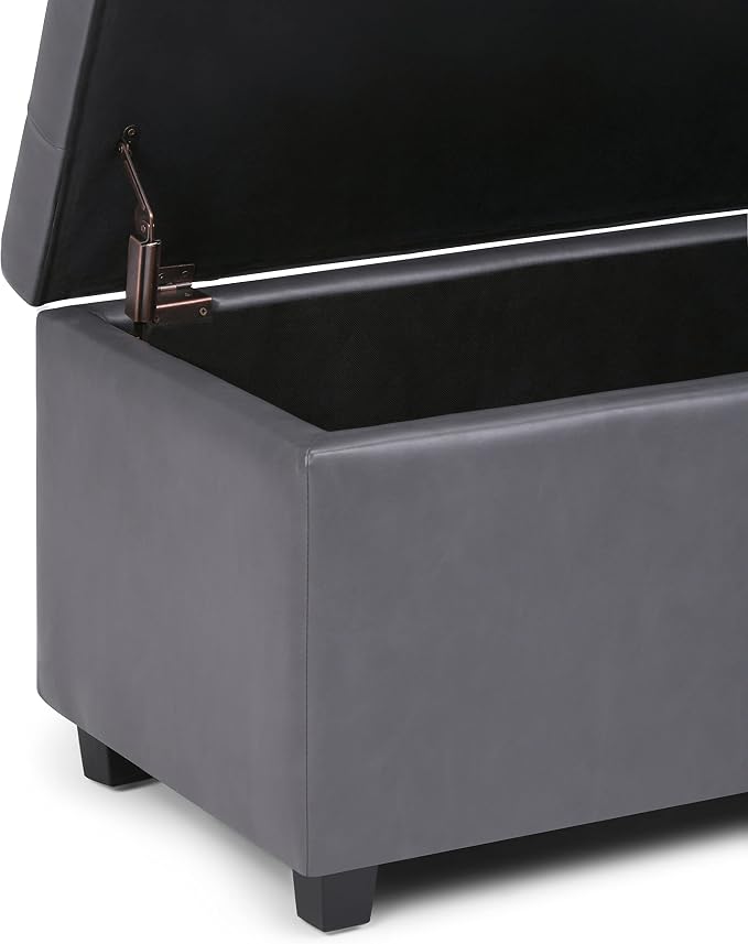 SIMPLIHOME Cosmopolitan Storage Ottoman - 34 inch Wide Upholstered Vegan Leather Rectangle Storage Ottoman Bench in Stone Grey, Transitional Tufted Ottoman for Living Room or Entryway with Lift-Up Lid