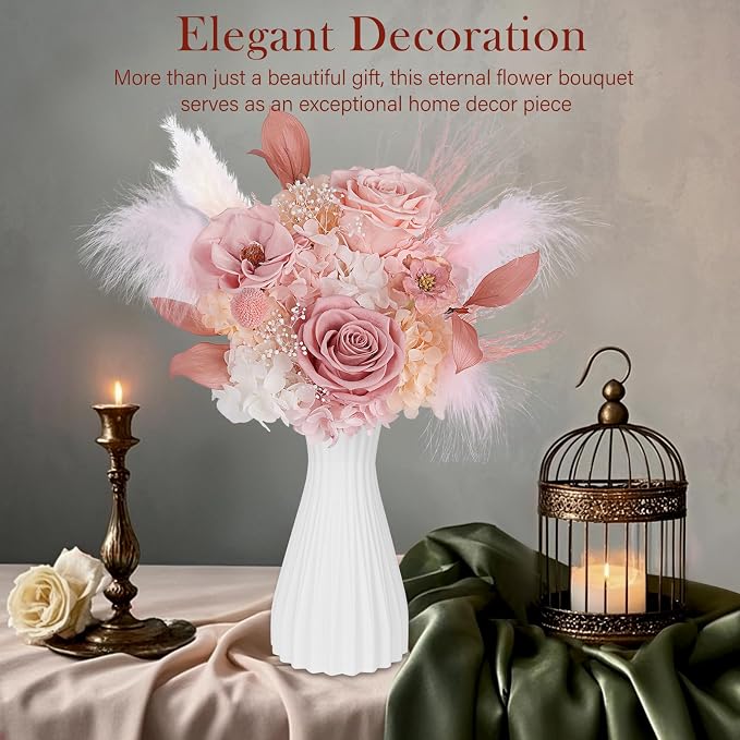 Preserved Bouquet of Flowers - Real Roses & Flowers for Delivery, Long-Lasting Dusty Pink Forever Camellia Flowers, Mothers Day Gifts for Mom Grandma Wife, Anniversary Birthday Gifts for Women