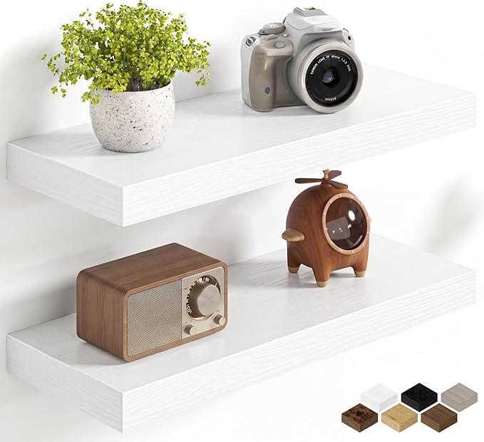 Fun Memories 20Inch Floating Shelves for Wall, 8 Inch Deep Shelves for Bathroom|Bedroom|Kitchen Wall Mounted, Wood Hanging Shelf with Invisible Brackets for Home Storage Decor, White - 2 Pack