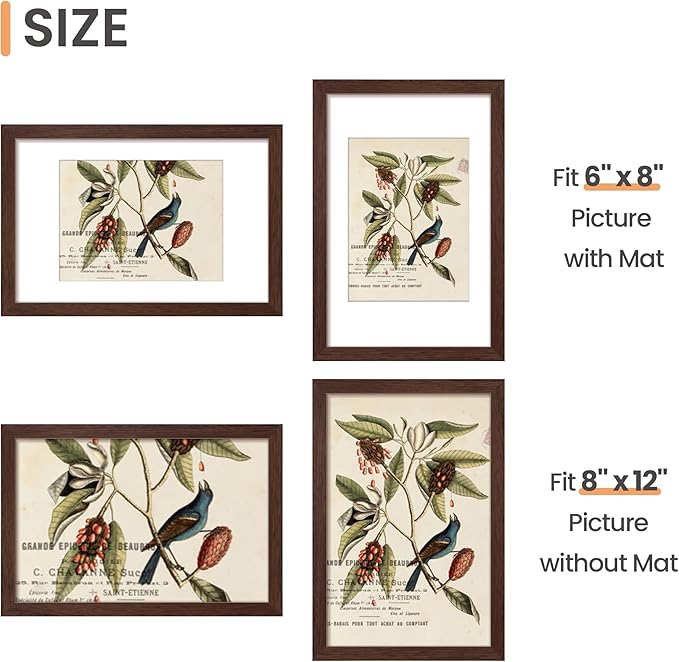 upsimples 8x12 Picture Frame, Display Pictures 6x8 with Mat or 8 x 12 Without, Wall Hanging Photo Frames, Brown, 1 Pack