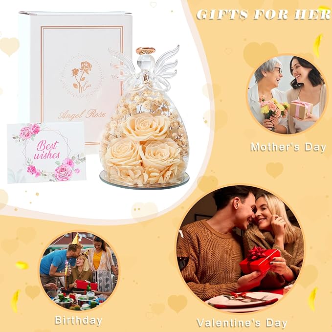 Beferr Mothers Day Mom Birthday Gifts for Women, Fresh Flowers for Delivery Forever Preserved Rose in Glass Angel Figurine, Anniversary Christian Real Rose for Grandma Nana Wife Mum from Daughter Son