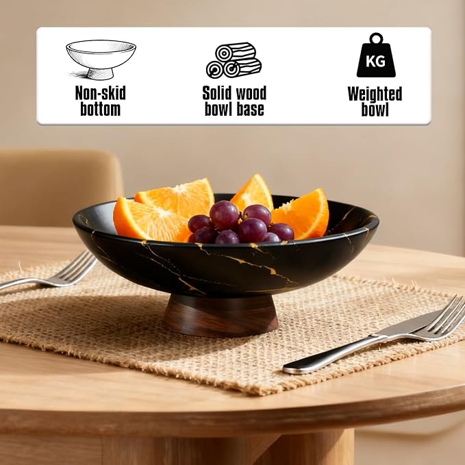 Black Marble Texture Decorative Bowl with Wood Base – 11" Modern Pedestal Fruit Bowl for Dining Table, Kitchen or Entryway Décor