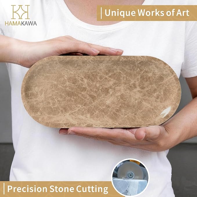 Bathroom Vanity Tray, Natural Marble Oval Tray 10 inch, Emperador Light Marble Vanity Tray for Soap Dispenser Modern Countertop Organizer for Kitchen Countertops, Home Decor