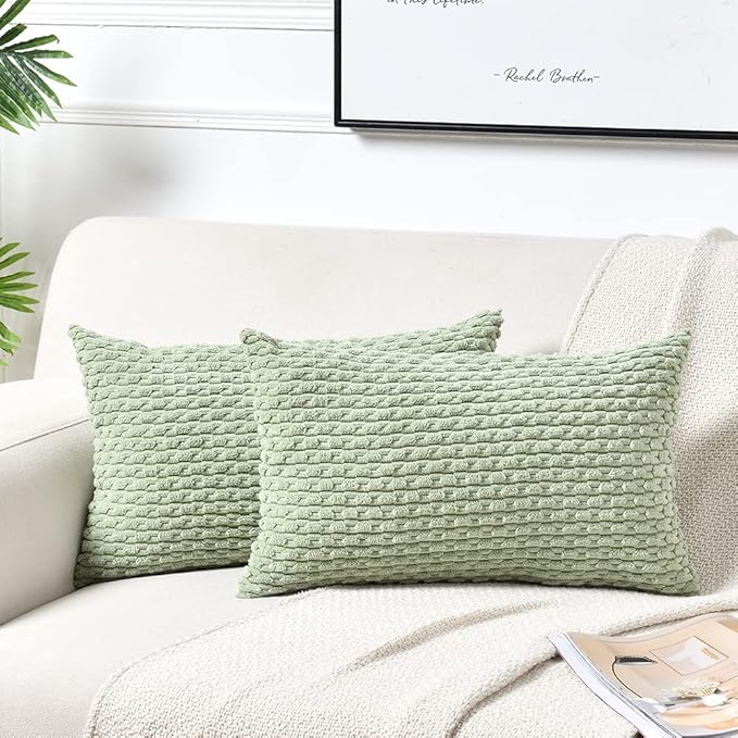 Fancy Homi 2 Packs Sage Green Long Lumbar Decorative Throw Pillow Covers 12x24 Inch for Couch Bed Sofa, Modern Farmhouse Boho Home Decor, Soft Cute Plush Corduroy Rectangle Cushion Case 30x60 CM