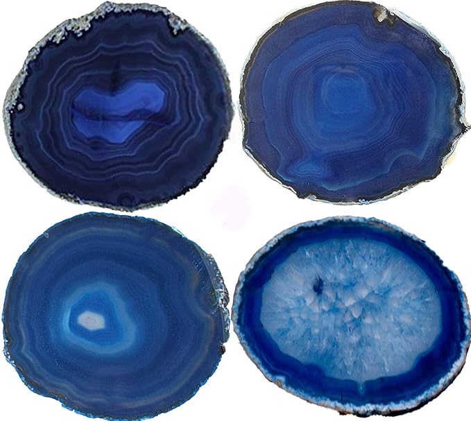 JIC Gem 3-3.5" Dyed Blue Color Agate Coastes Polished Natural Agate Geode Slices Set of 4