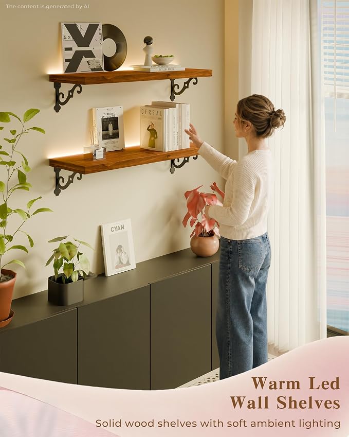24 Inch 2 Tier Solid Wood Floating Shelves with LED Light, Metal Brackets | 24 inch solid pine shelves, 2 tier, warm LED light, walnut finish, metal brackets for books and decor