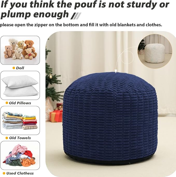 Round Stuffed Pouf Ottoman for Foot Rest, Storage Ottoman Pouf Foot Stool Cushion, Faux Fur Poufs with Foam Chunk Filling, 26 X 18 Inch Floor Chair for Living Room Bedroom Home Decor, Navy Blue
