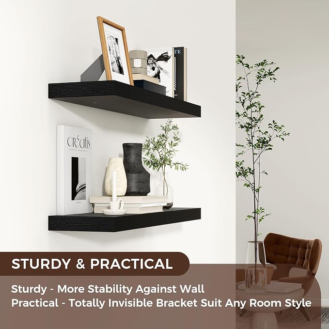 24" Wide x 6.5" Deep Floating Shelves for Wall, Black Finish, 2-Pack | Engineered Wood Wall Shelves with Invisible Brackets for Living Room, Bedroom, Bathroom, Office & Kitchen Storage