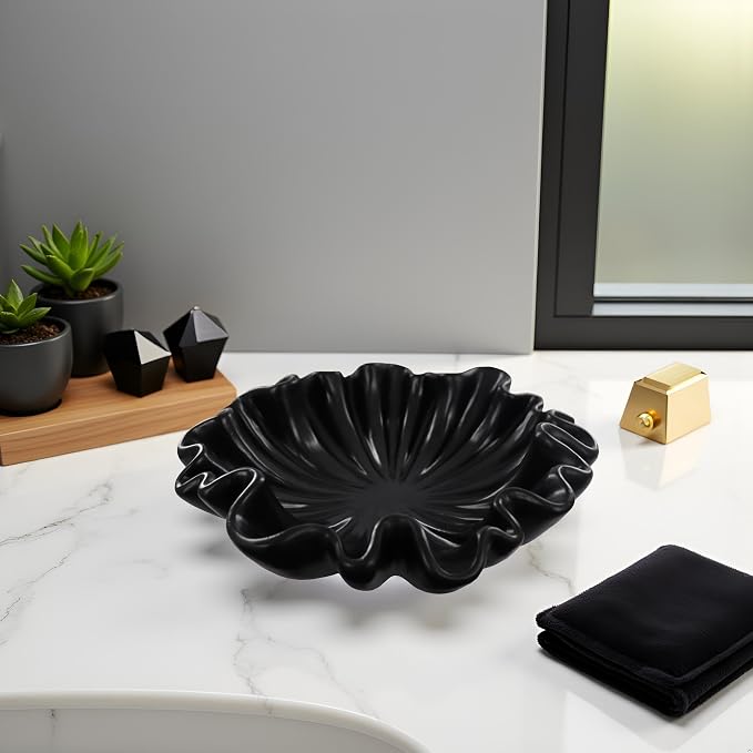 12" Large Decorative Bowl decor - Scalloped Decorative Bowls for Home Decor - Organic Fluted Modern Home Decor,Ruffle Decor key bowl,bowl for keys,Black