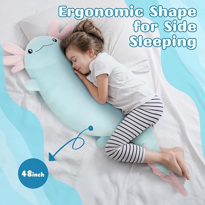 Tezituor 48 inch Blue Axolotl Stuffed Animal Large Plush Body Pillow for Adults Girls 6-12 Valentines Gifts, Glow-in-Dark Plush Toy 4ft Long Stuffed Salamander Halloween Christmas