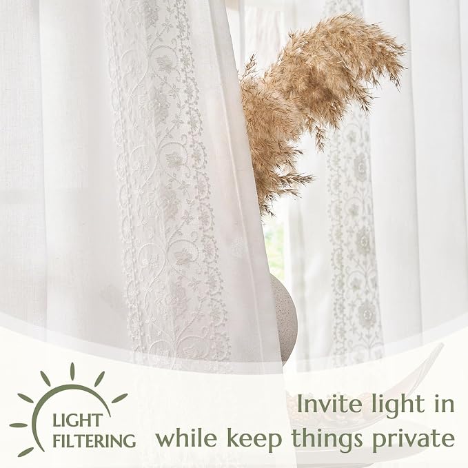 jinchan Weslie White Linen Curtains for Bedroom Vintage Floral Farmhouse Curtains 90 Inches Long Linen Drapes for Living Room Embroidered Light Filtering Drapes Rustic Cottagecore Off White 2 Panels